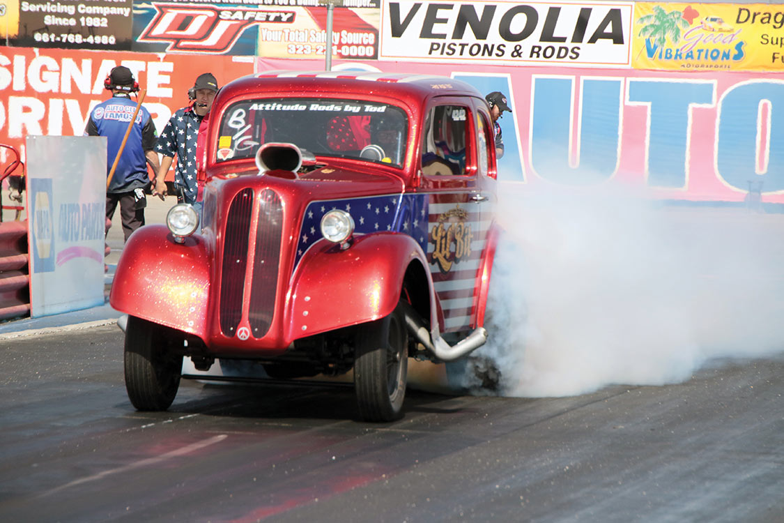 Tod Baker from Marlow, OK. running his wild ’48 Anglia to 8.605et.