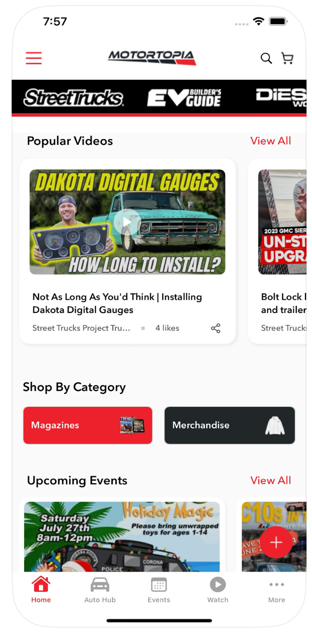 Motortopia iPhone app home screen  explore automotive content